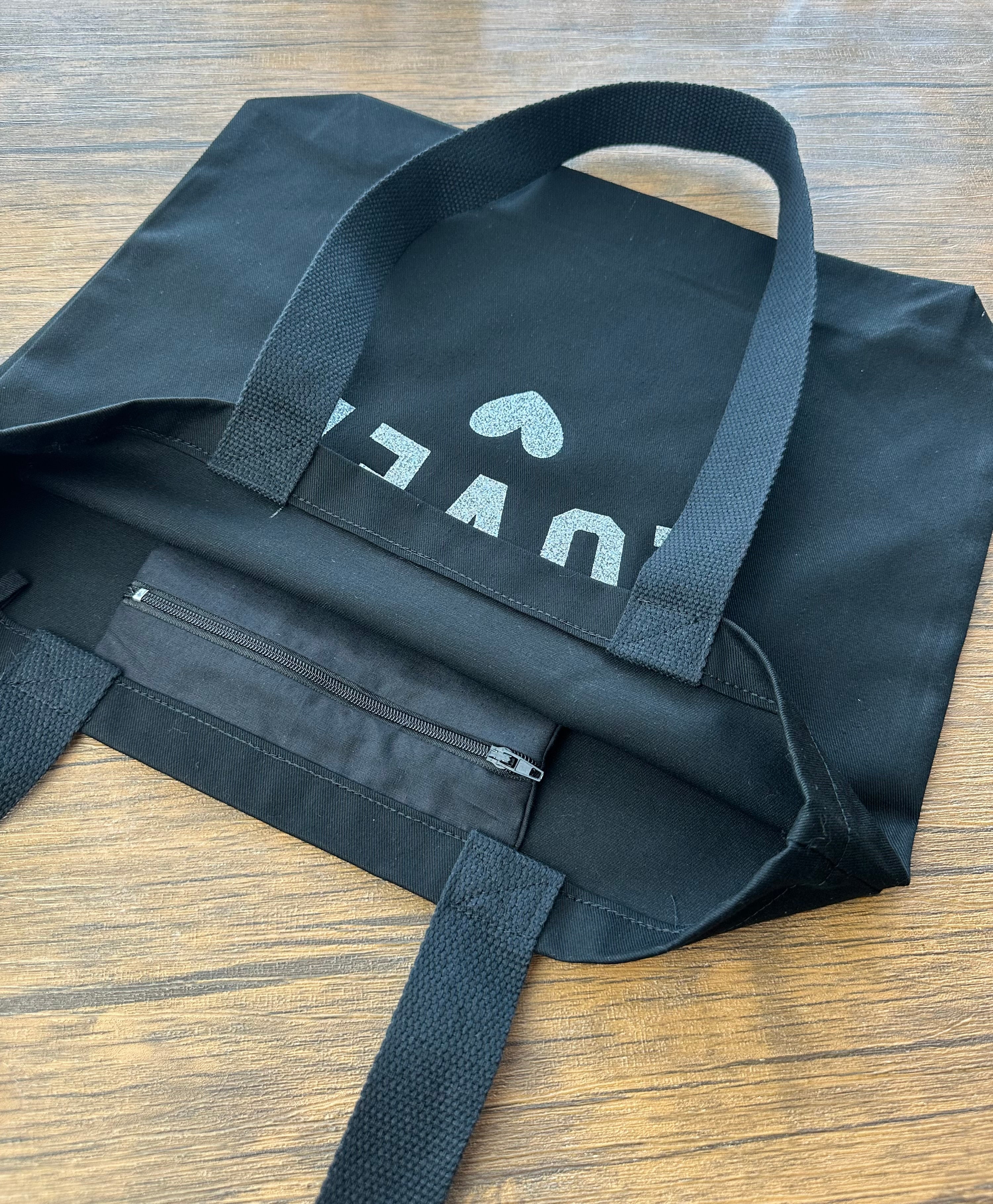 Black “LOVER” Tote Bag with Heart Design – Handmade Glitter Print Bag