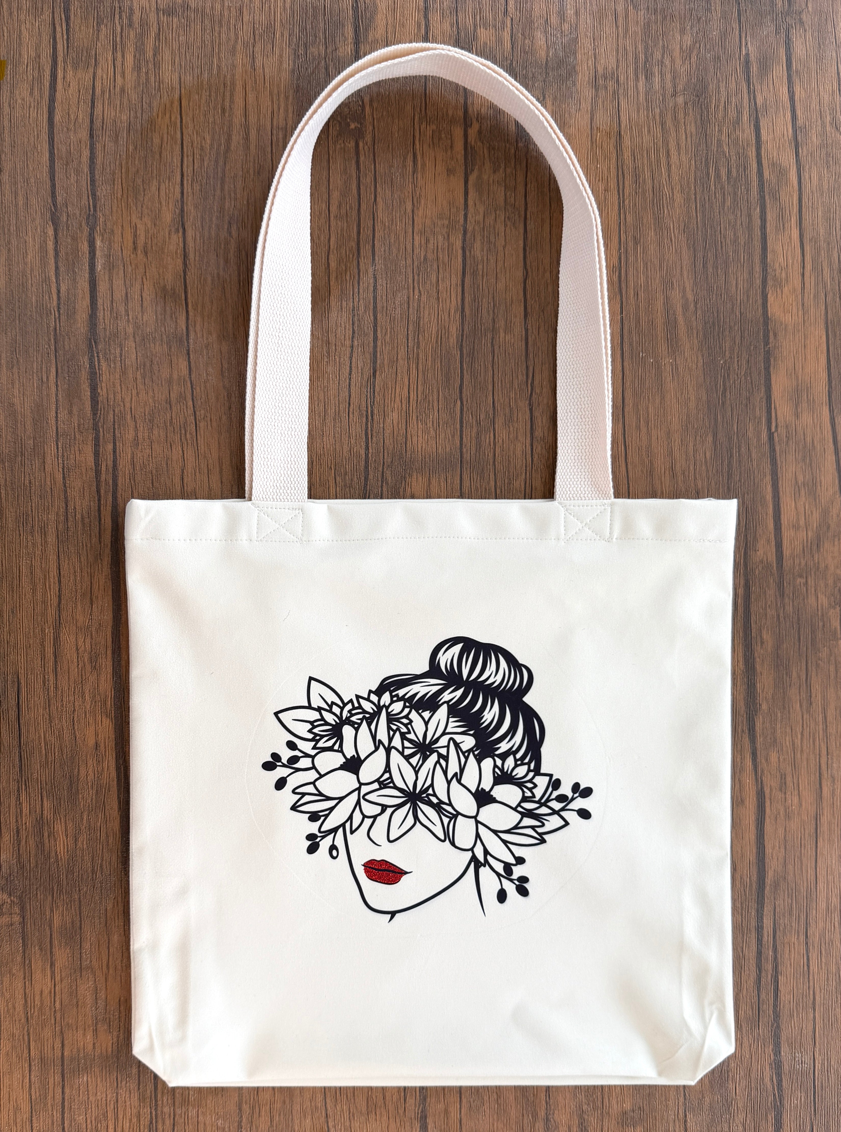 Floral Face Art Tote Bag with Personalised Inside Zip Pocket | Handmade