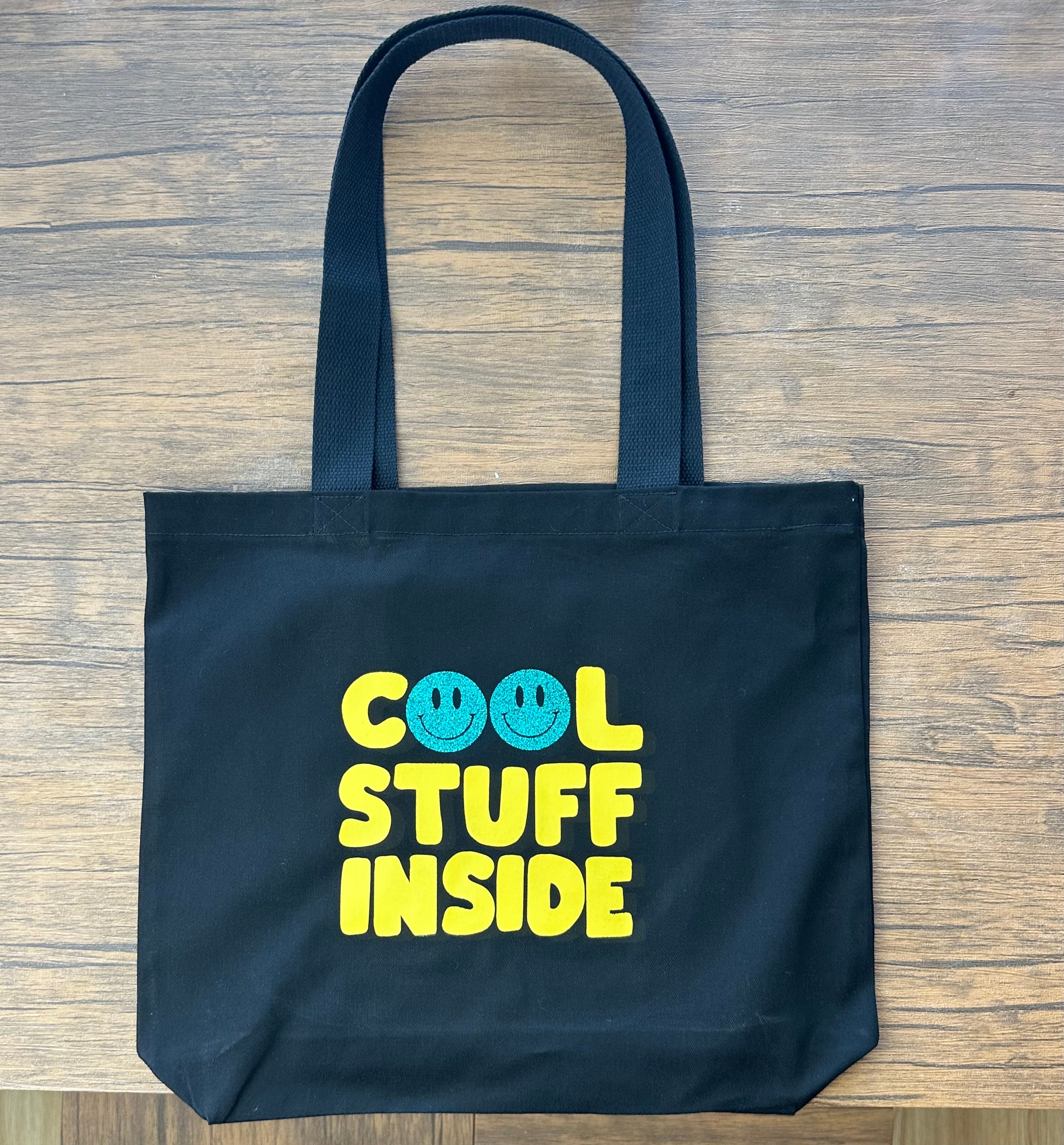 Handmade Tote Bag ‘Cool Stuff Inside’ Print – Custom Name Inside Zip Pocket