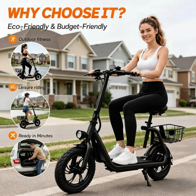 Foldable Commuter Electric Scooter with Seat & Basket