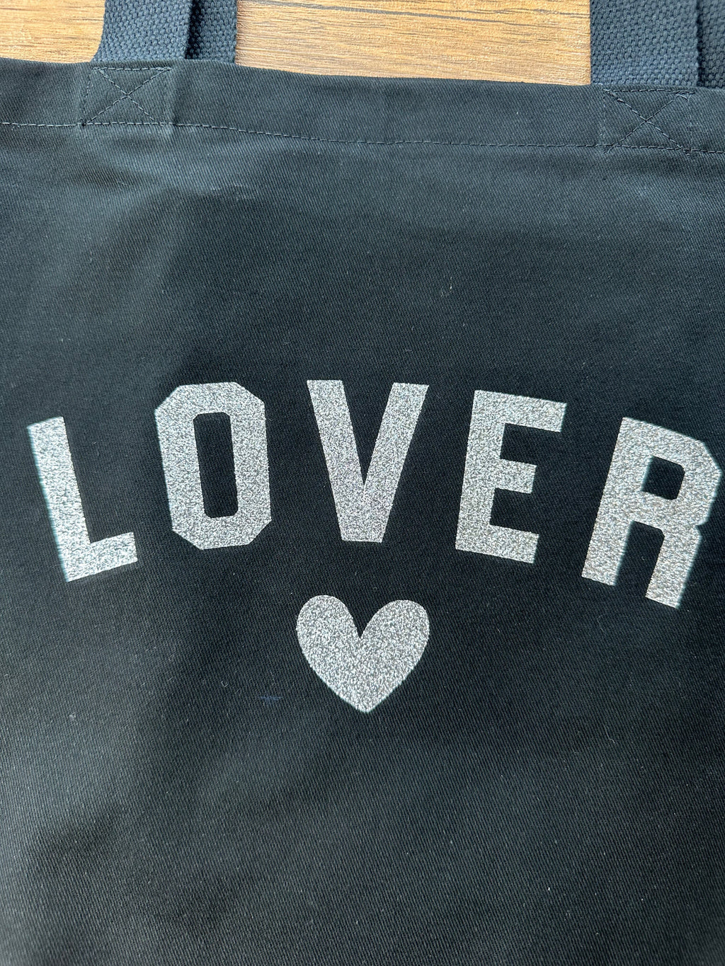 Black “LOVER” Tote Bag with Heart Design – Handmade Glitter Print Bag