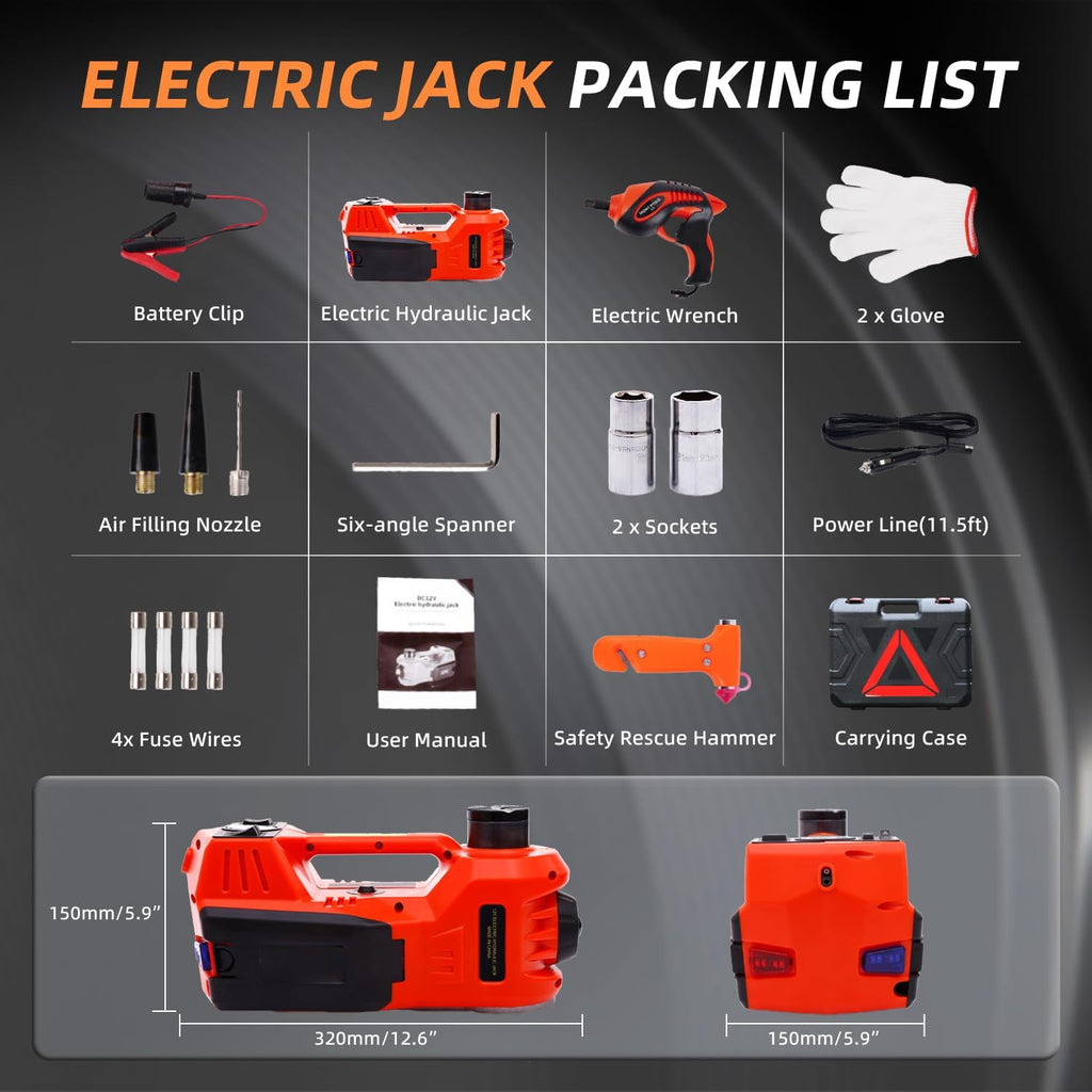 Electric Car Jack Kit 5 Ton 12V Hydraulic, Impact Wrench