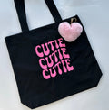 CUTIE Retro Tote Bag | Handmade Black Canvas Bag with Inside Zip Pocket