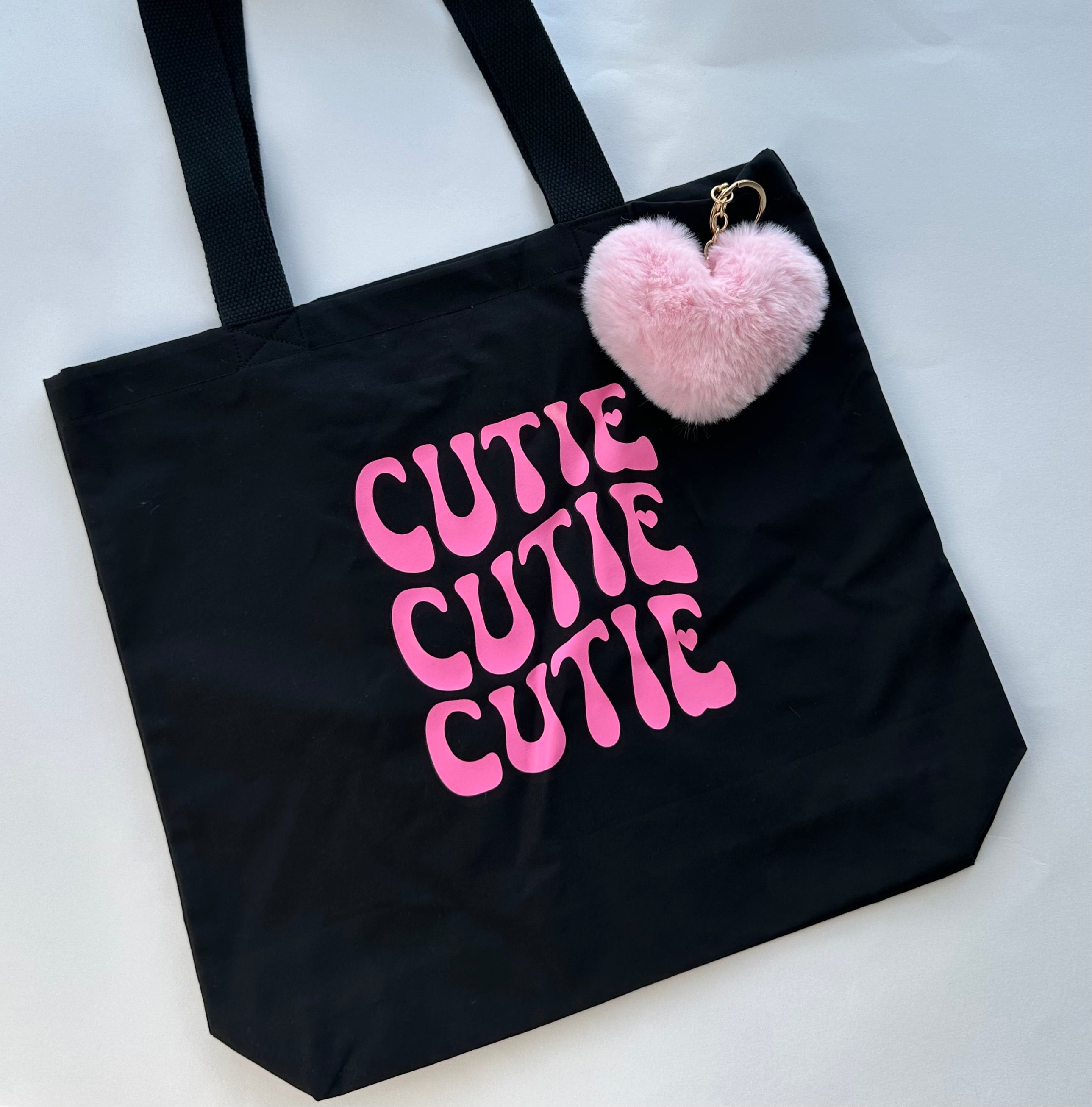 CUTIE Retro Tote Bag | Handmade Black Canvas Bag with Inside Zip Pocket