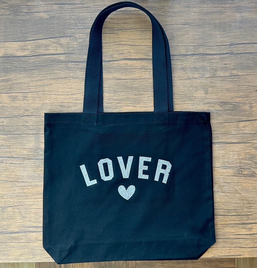 Black “LOVER” Tote Bag with Heart Design – Handmade Glitter Print Bag