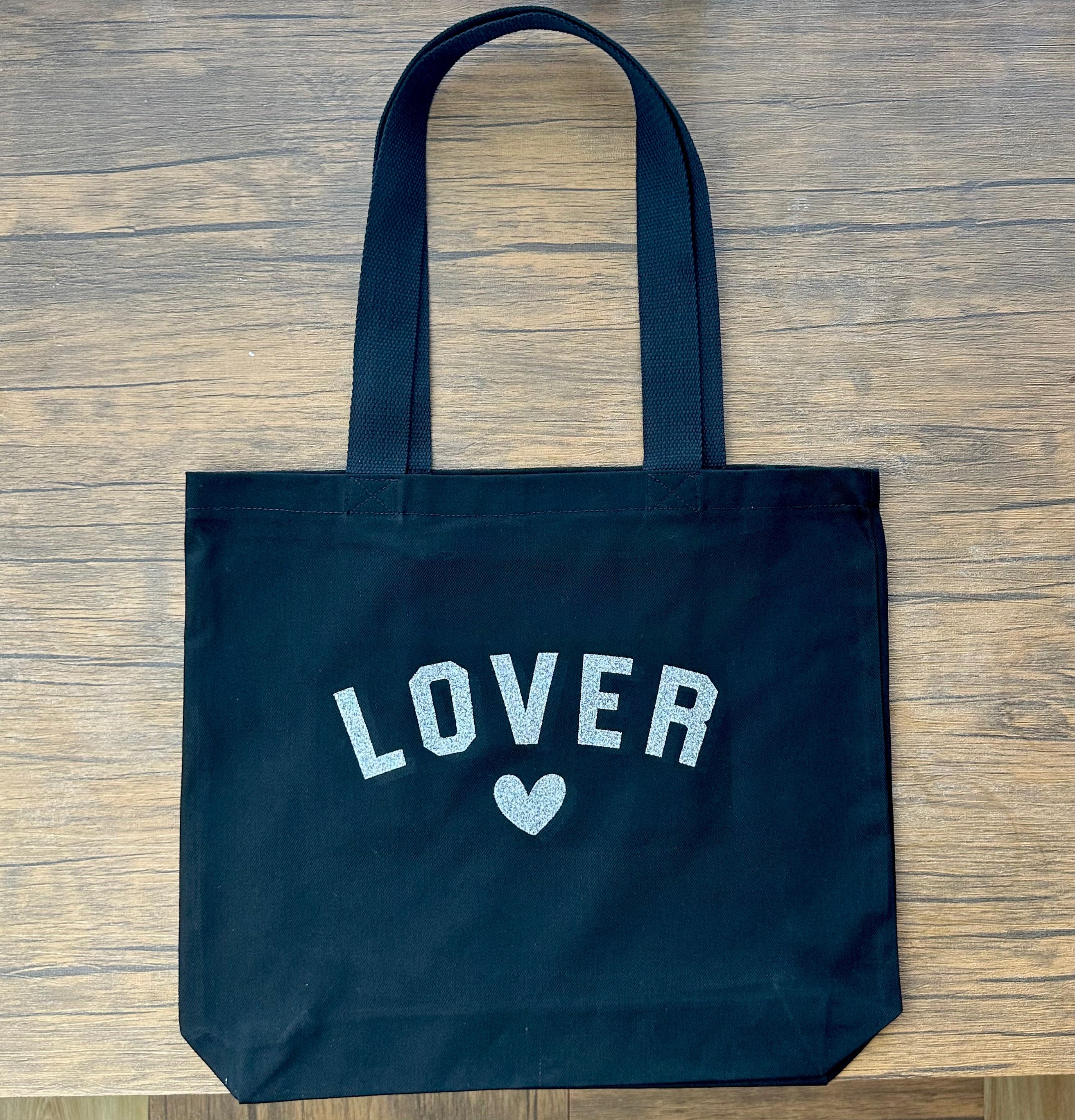 Black “LOVER” Tote Bag with Heart Design – Handmade Glitter Print Bag