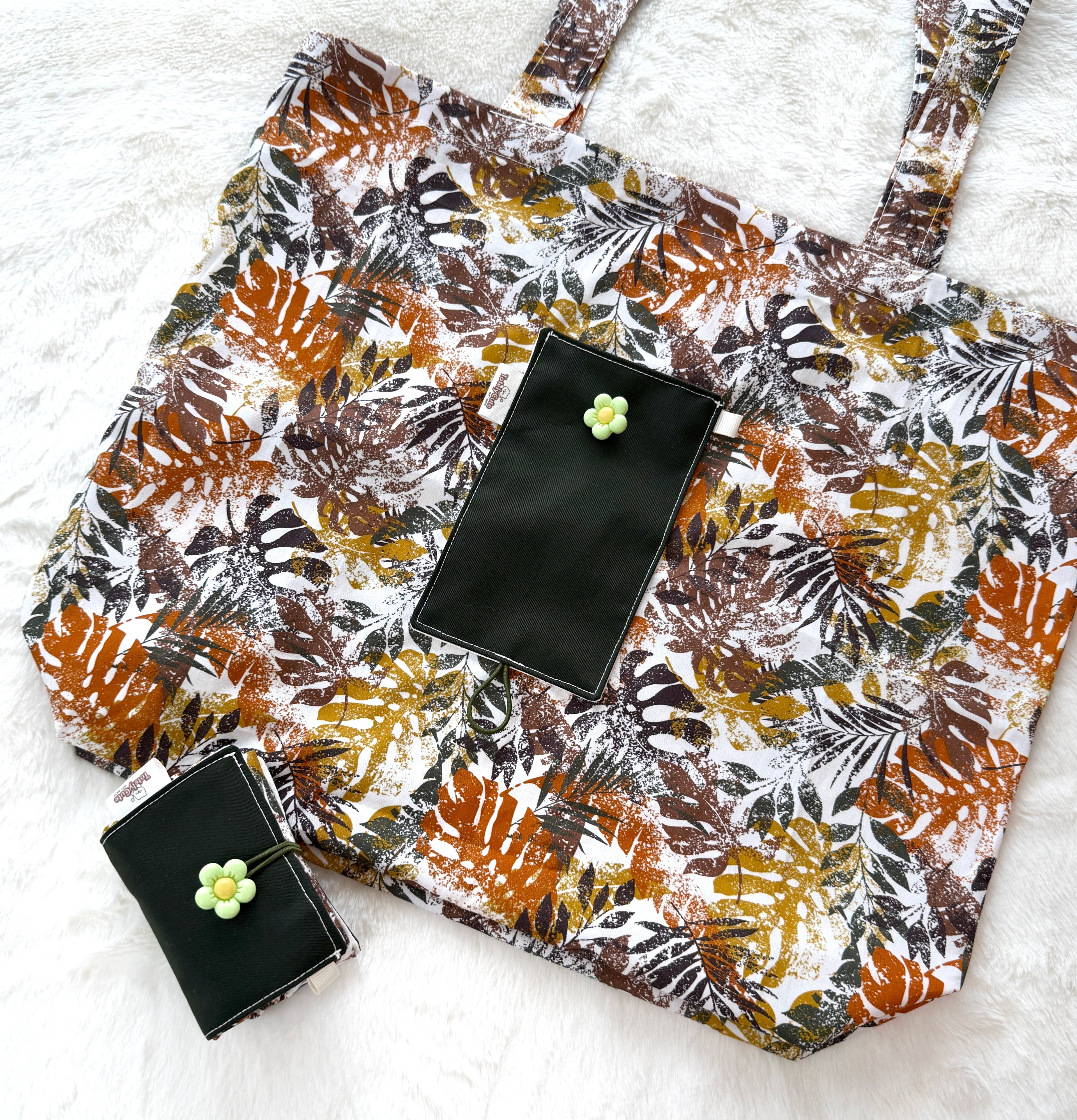 Handmade Compact Foldable Shopping Bag - Autumn Leaf Print