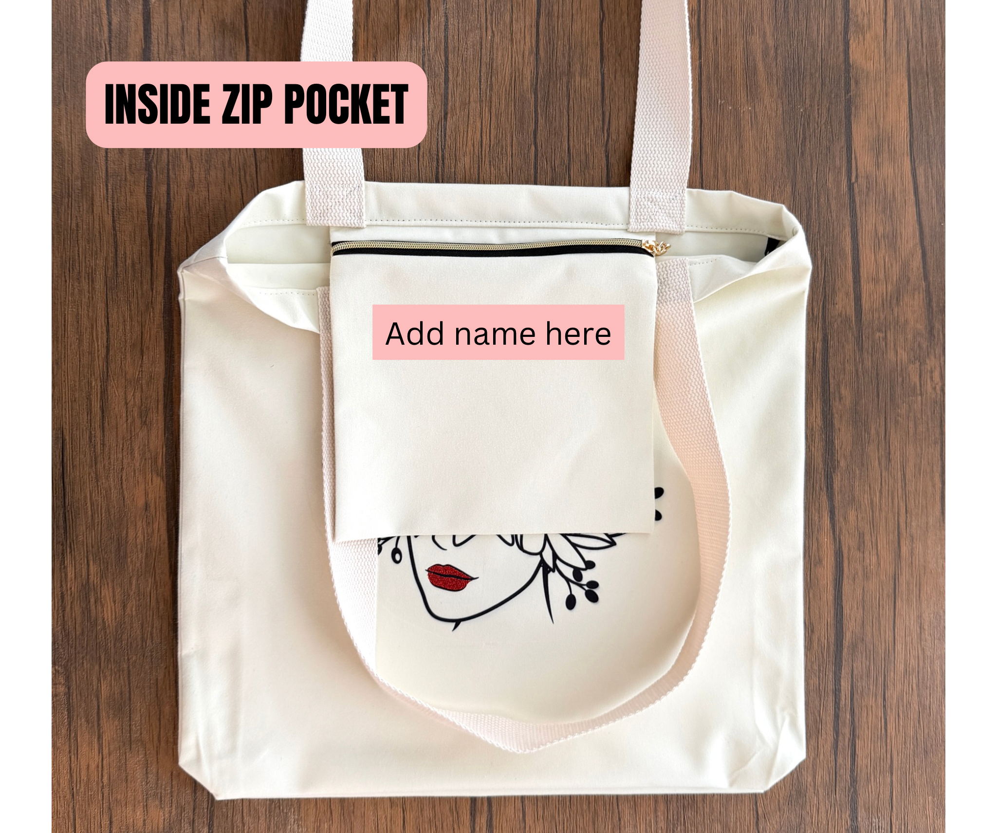 Floral Face Art Tote Bag with Personalised Inside Zip Pocket | Handmade