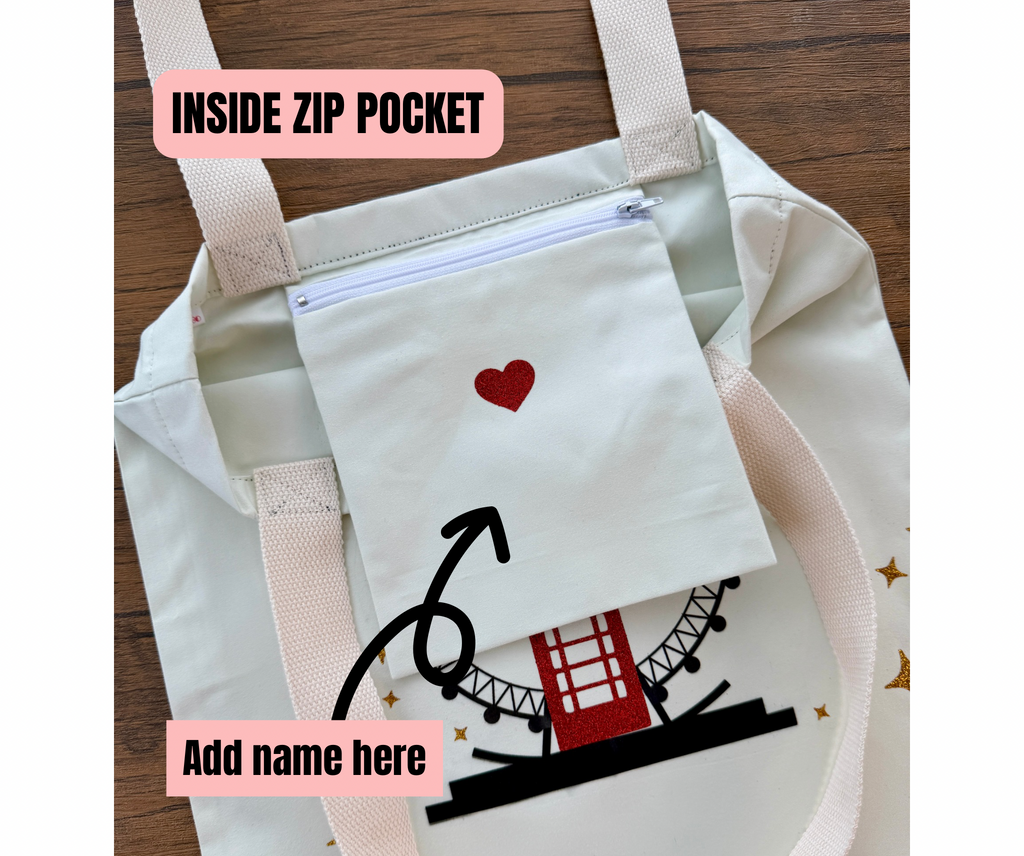 Personalized London Tote Bag with Inside Zip Pocket – Custom Name Canvas Bag, Reusable Travel Shopper, Gift for Her