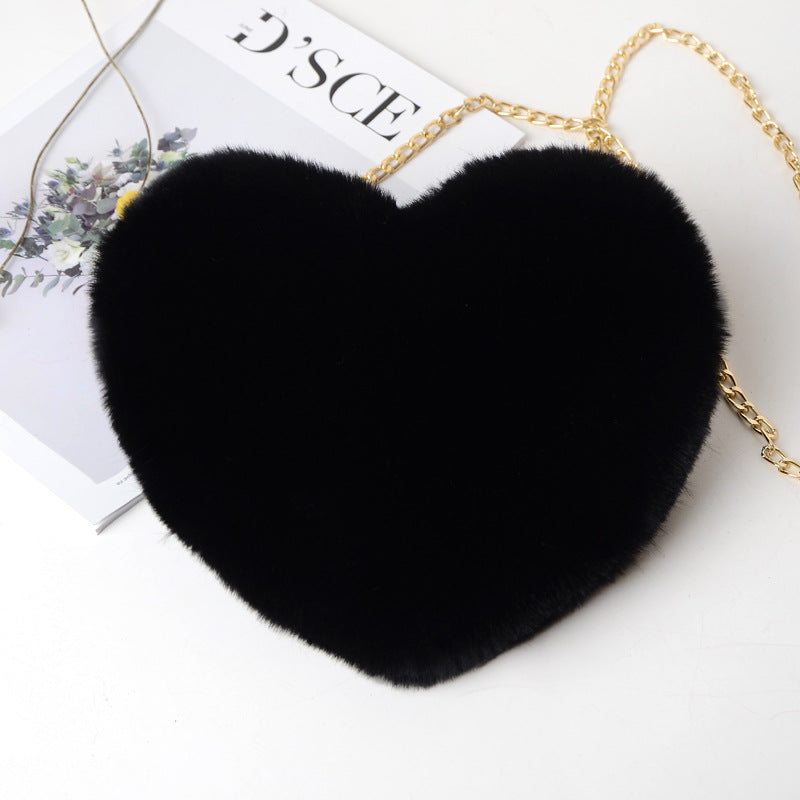 Faux Fur Heart-Shaped Mini Sling Bag with Gold Chain Strap