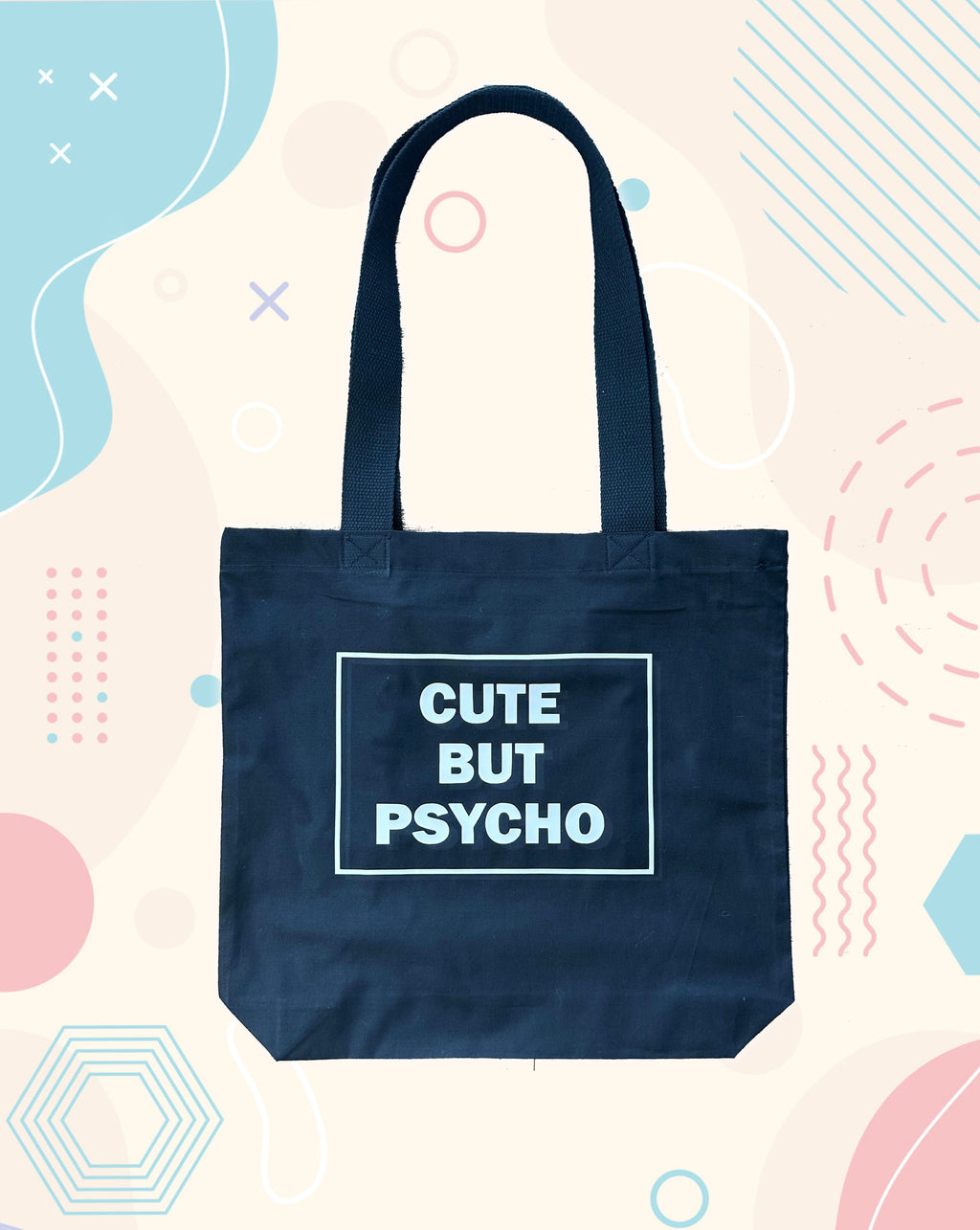 CUTE BUT PSYCHO Tote Bag | Handmade Black Canvas Bag with Inside Zip Pocket